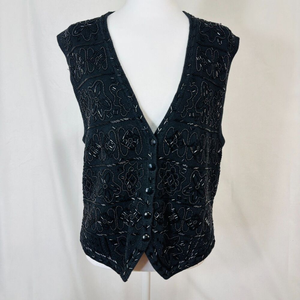 Vtg 90's Worthington Womens Beaded Vest‎ Sz L Black Floral Holiday Retro Glam